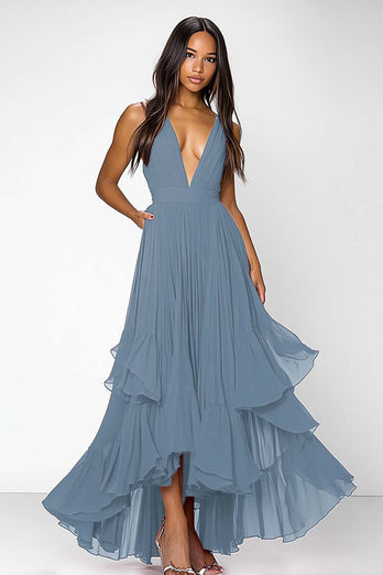 Red Deep V Neck Ruched Ruffles A Line Formal Dress