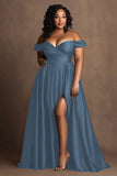 Plus Size Navy Off The Shoulder Satin Long Formal Dress with Slit