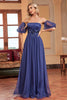 Load image into Gallery viewer, Navy A Line Removable Sleeves Pleated Long Prom Dress