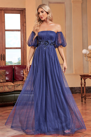 Navy A Line Removable Sleeves Pleated Long Prom Dress