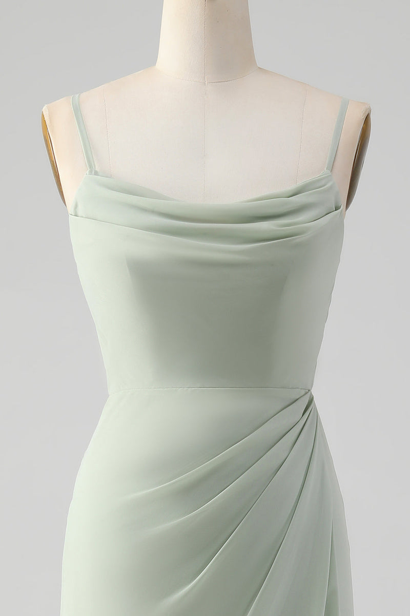 Load image into Gallery viewer, Matcha Cowl Neck Long Bridesmaid Dress with Lace Up Back