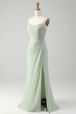Matcha Cowl Neck Long Bridesmaid Dress with Lace Up Back