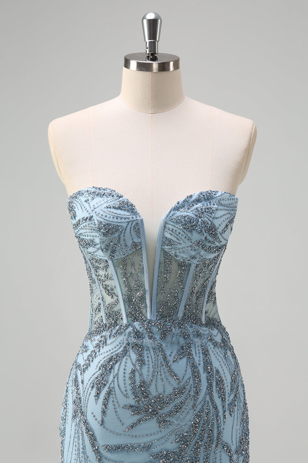 Light Blue Mermaid Strapless Corset Long Beaded Prom Dress With Slit