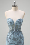 Light Blue Mermaid Strapless Corset Long Beaded Prom Dress With Slit