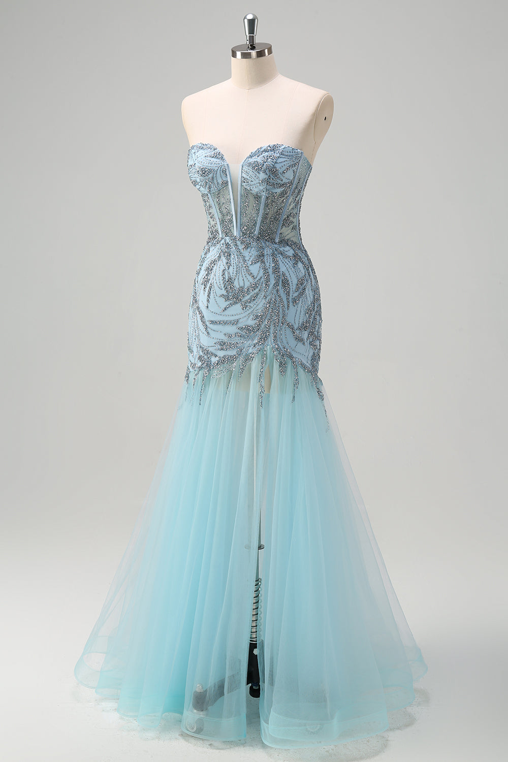 Light Blue Mermaid Strapless Corset Long Beaded Prom Dress With Slit