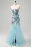Light Blue Mermaid Strapless Corset Long Beaded Prom Dress With Slit