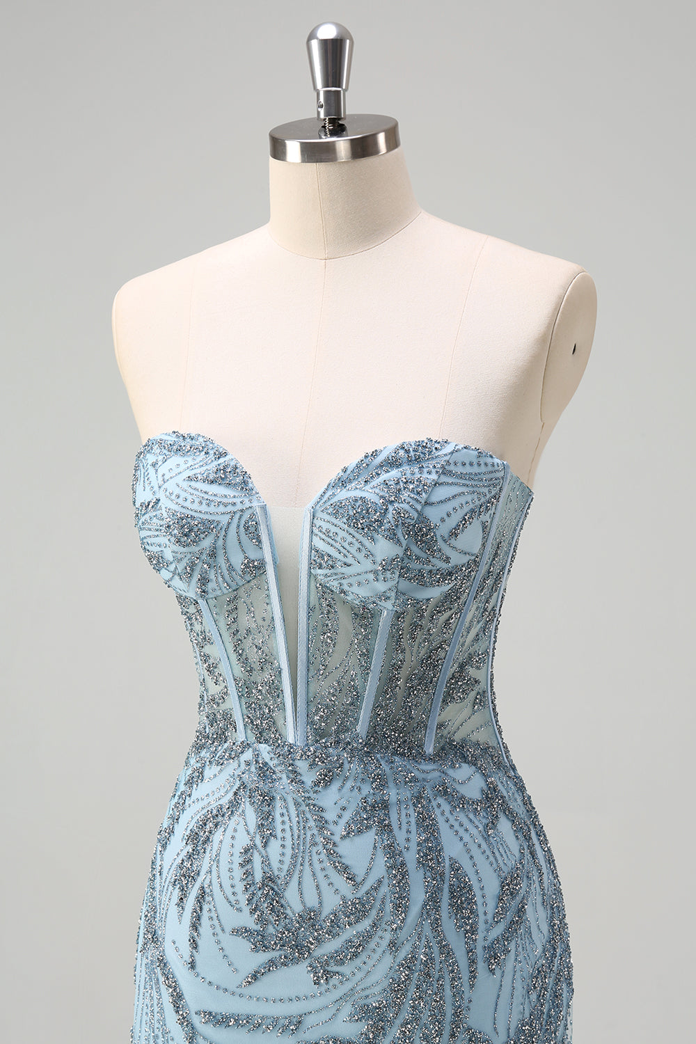 Light Blue Mermaid Strapless Corset Long Beaded Prom Dress With Slit