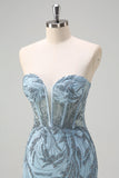 Light Blue Mermaid Strapless Corset Long Beaded Prom Dress With Slit