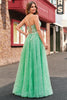 Load image into Gallery viewer, A Line Sparkly Light Green Spaghetti Straps Corset Tulle Prom Dress with Slit