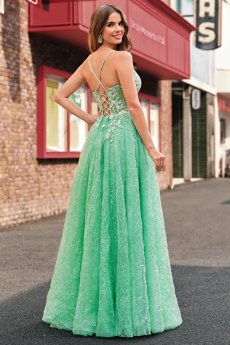 Load image into Gallery viewer, A Line Sparkly Light Green Spaghetti Straps Corset Tulle Prom Dress with Slit