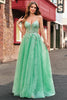 Load image into Gallery viewer, A Line Sparkly Light Green Spaghetti Straps Corset Tulle Prom Dress with Slit