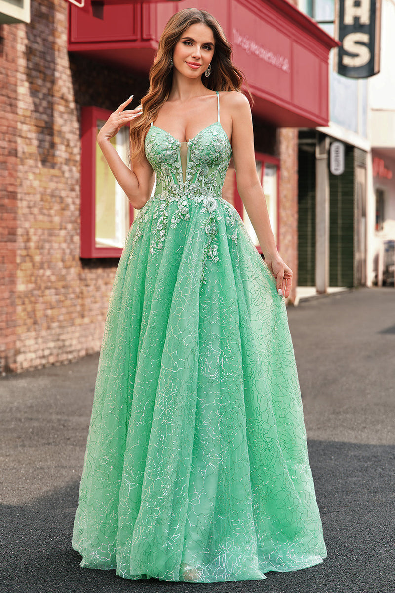 Load image into Gallery viewer, A Line Sparkly Light Green Spaghetti Straps Corset Tulle Prom Dress with Slit