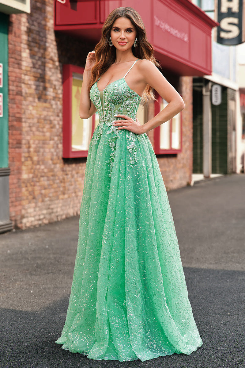 Load image into Gallery viewer, A Line Sparkly Light Green Spaghetti Straps Corset Tulle Prom Dress with Slit