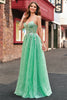 Load image into Gallery viewer, A Line Sparkly Light Green Spaghetti Straps Corset Tulle Prom Dress with Slit