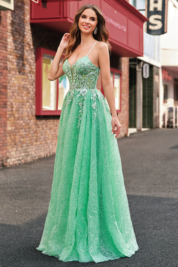 A Line Sparkly Light Green Spaghetti Straps Corset Tulle Prom Dress with Slit