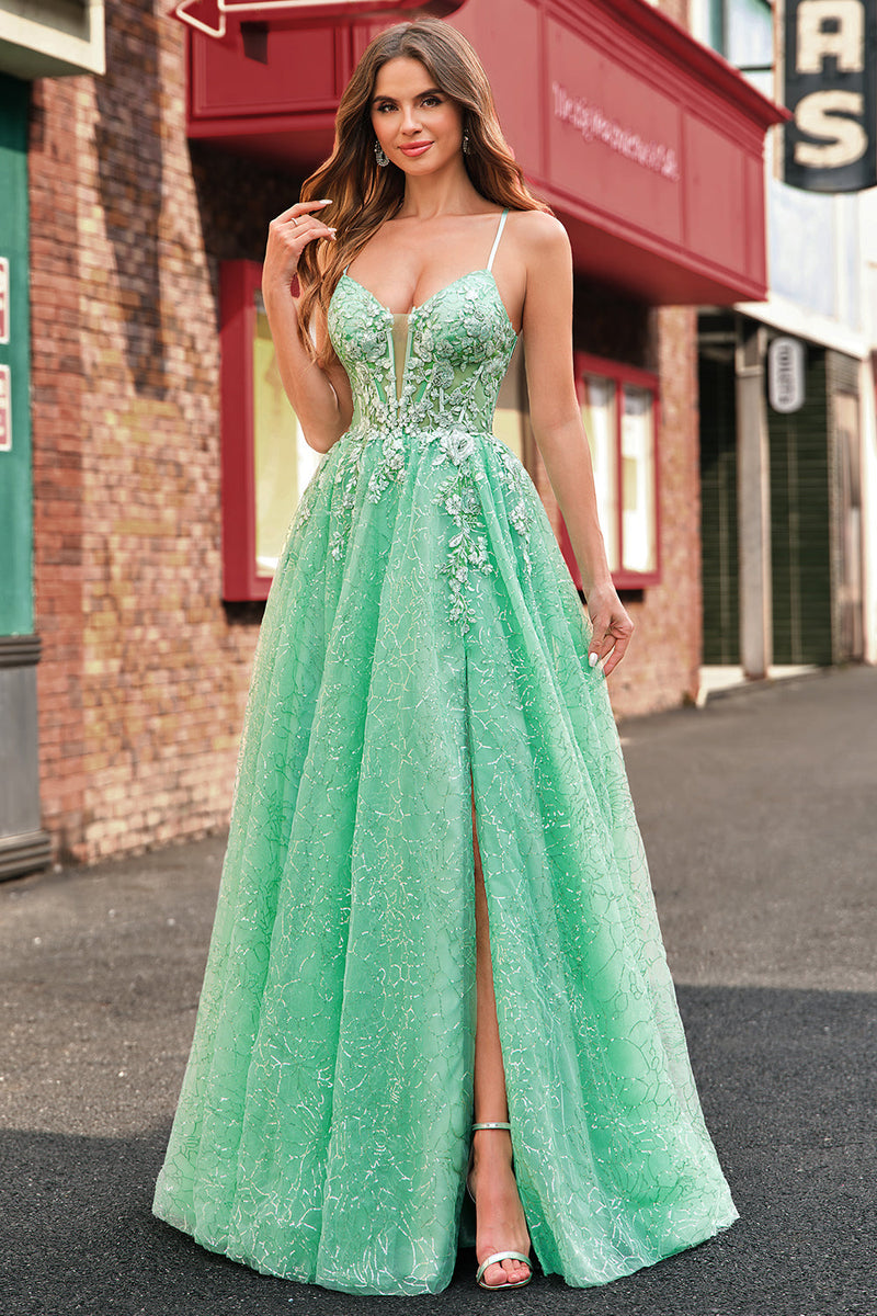 Load image into Gallery viewer, A Line Sparkly Light Green Spaghetti Straps Corset Tulle Prom Dress with Slit