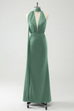 Peacock Sheath Halter Backless Bridesmaid Dress with Slit