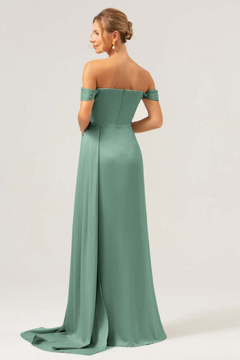 Sage Mermaid Off The Shoulder Pleated Satin Bridesmaid Dress with Slit