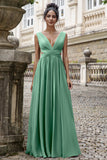 Eucalyptus A Line V Neck Pleated Chiffon Long Bridesmaid Dress with Lace-up Back