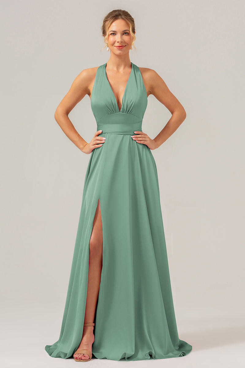 Load image into Gallery viewer, Pink A Line V-Neck Backless Satin Long Bridesmaid Dress with Slit