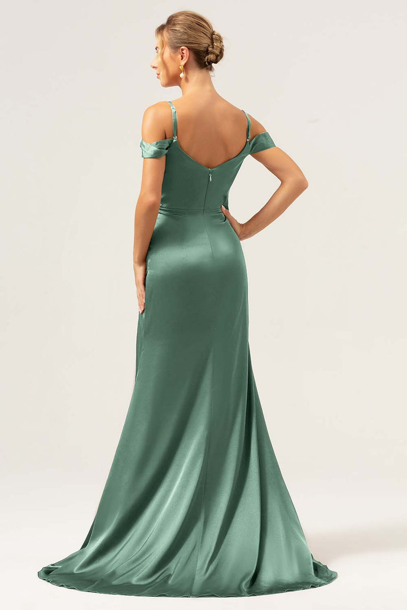 Load image into Gallery viewer, Coffee Mermaid Cold Shoulder Ruched Corset Long Bridesmaid Dress with Slit