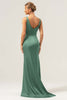 Load image into Gallery viewer, Dark Green Sheath V Neck Ruched High-Low Bridesmaid Dress with Slit