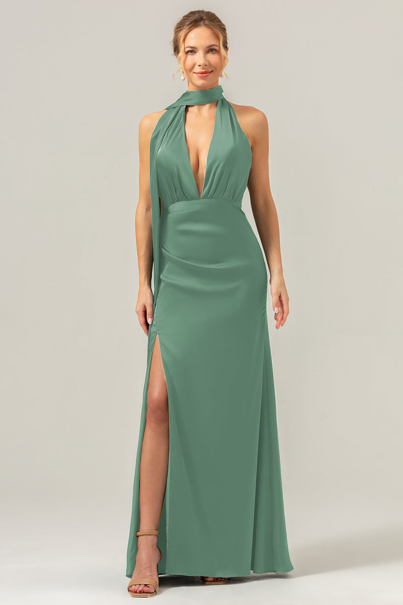 Load image into Gallery viewer, Peacock Sheath V-Neck Backless Long Bridesmaid Dress with Slit