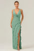 Load image into Gallery viewer, Lime Sheath Deep V Neck Backless Long Bridesmaid Dress with Ruffle Slit