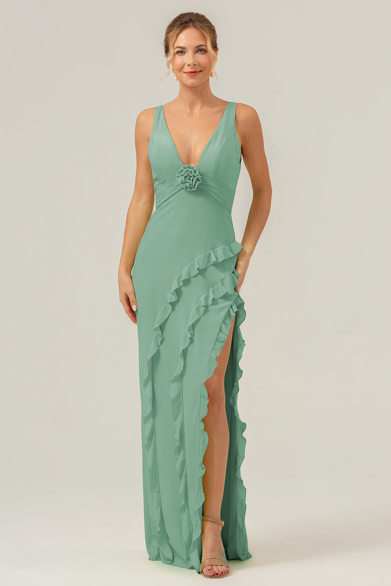 Load image into Gallery viewer, Lime Sheath Deep V Neck Backless Long Bridesmaid Dress with Ruffle Slit