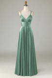 A-Line Sleeveless Olive Long Bridesmaid Dress