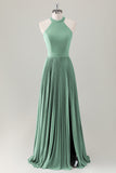 Grey Blue A Line Halter Long Bridesmaid Dress with Slit
