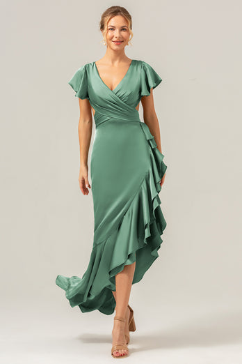 Olive A Line V Neck Satin Asymmetrical Bridesmaid Dress with Ruffle Slit