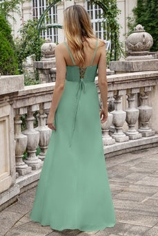 A Line Spaghetti Straps Eucalyptus Long Bridesmaid Dress with Lace Up Back