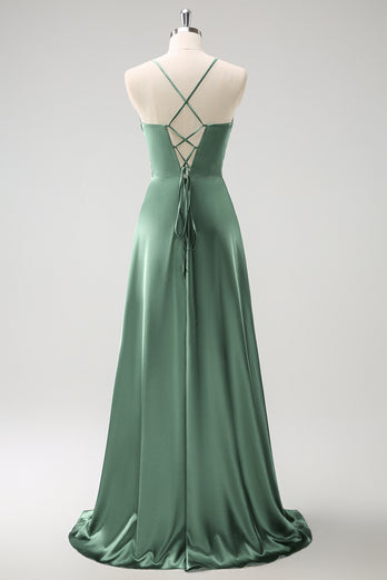 Dark Green A-Line Ruched Lace-Up Back Satin Long Bridesmaid Dress