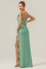 Load image into Gallery viewer, Lime Sheath Deep V Neck Backless Long Bridesmaid Dress with Ruffle Slit