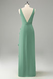Lime Sheath Deep V Neck Ruffled Wedding Guest Dress with Slit