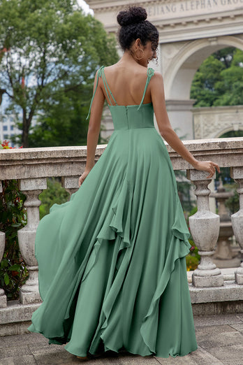 Eucalyptus A Line Spaghetti Straps Long Bridesmaid Dress with Ruffles