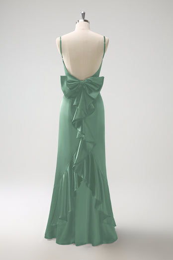 Dark Green Mermaid Spaghetti Straps Satin Bow Ruffle Long Bridesmaid Dress