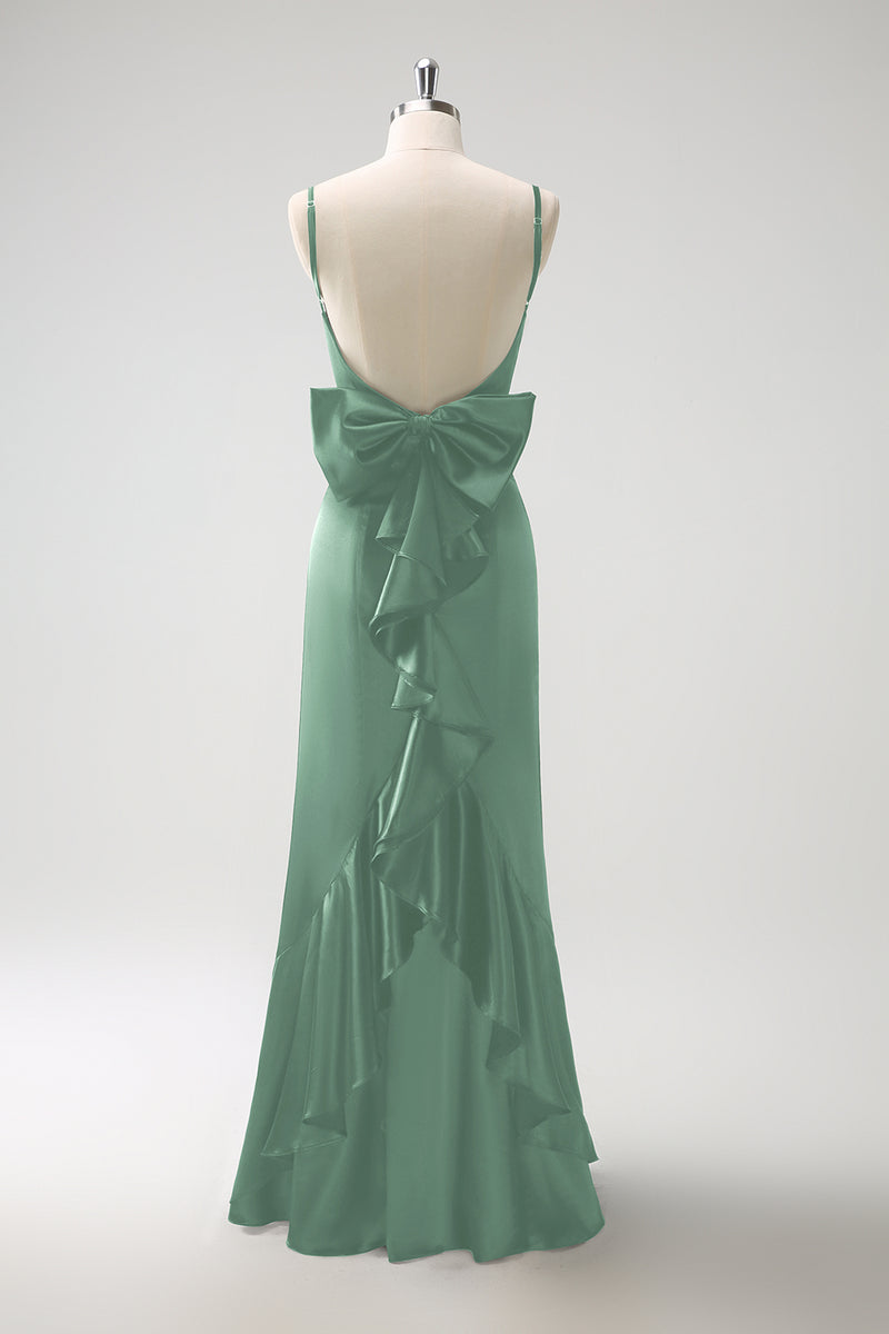 Load image into Gallery viewer, Dark Green Mermaid Spaghetti Straps Satin Bow Ruffle Long Bridesmaid Dress