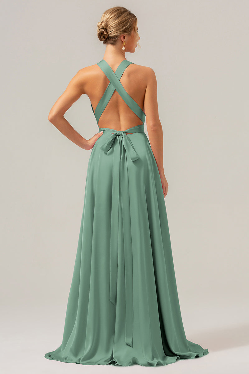 Load image into Gallery viewer, Pink A Line V-Neck Backless Satin Long Bridesmaid Dress with Slit