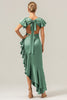 Load image into Gallery viewer, Olive A Line V Neck Satin Asymmetrical Bridesmaid Dress with Ruffle Slit