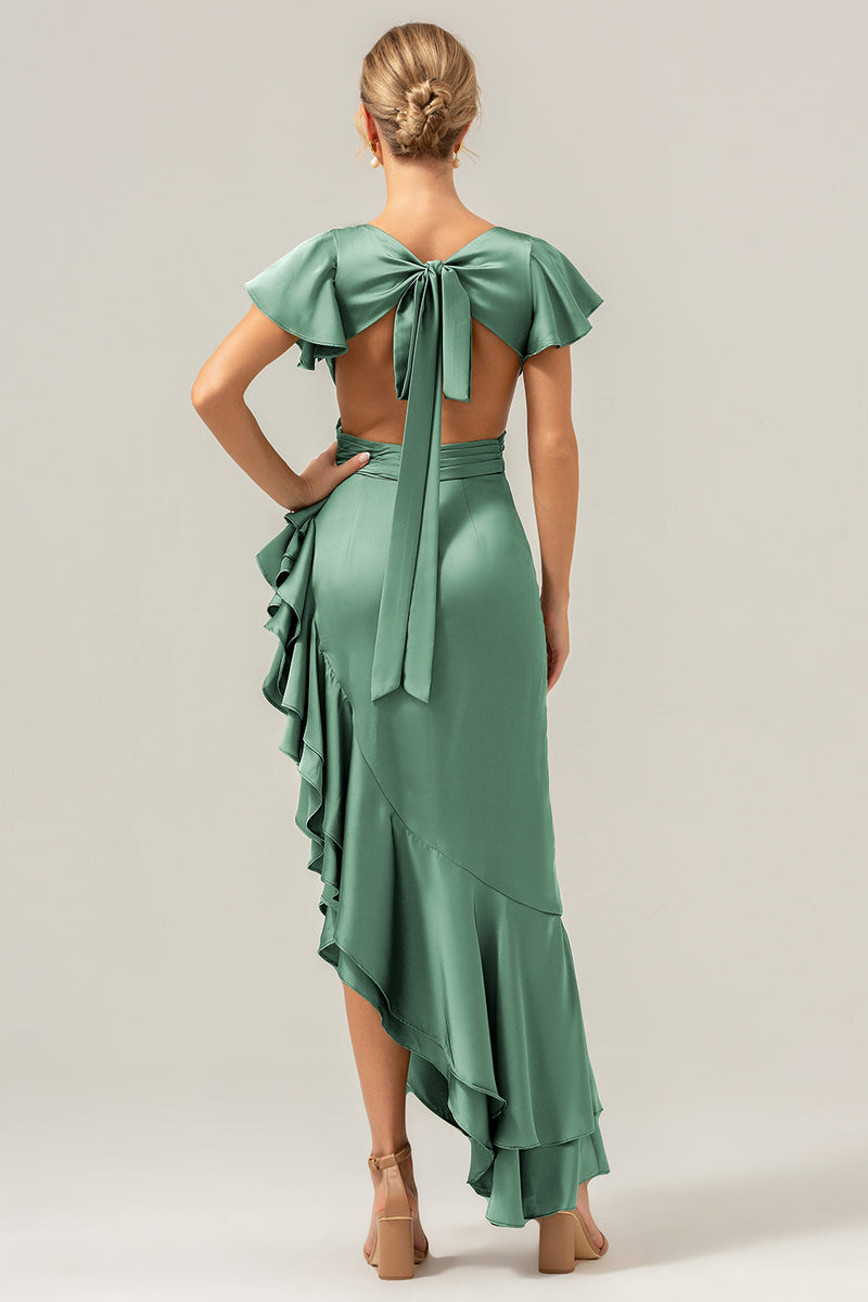 Load image into Gallery viewer, Olive A Line V Neck Satin Asymmetrical Bridesmaid Dress with Ruffle Slit