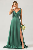 Dark Green A-Line Spaghetti Straps Ruched Long Bridesmaid Dress with Slit