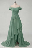 Off the Shoulder Chiffon Butter Yellow A-Line Ruffled Maxi Dress with Slit