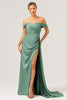 Load image into Gallery viewer, Sage Mermaid Off The Shoulder Pleated Satin Bridesmaid Dress with Slit