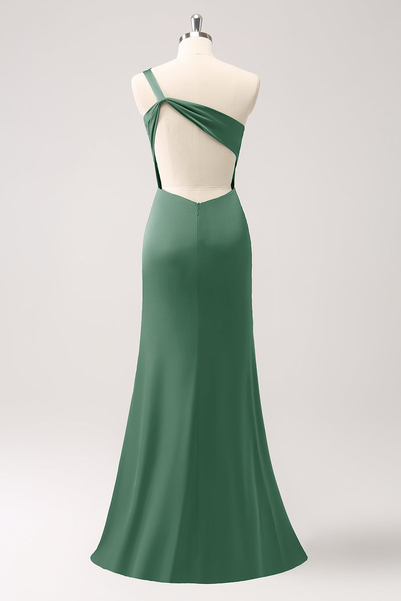 Load image into Gallery viewer, Olive One Shoulder Mermaid Satin Long Bridesmaid Dress