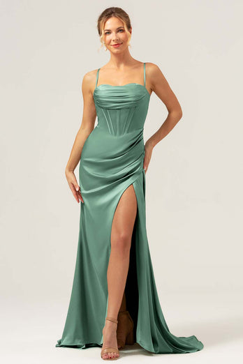 Martini Mermaid Spaghetti Straps Corset Satin Bridesmaid Dress with Slit