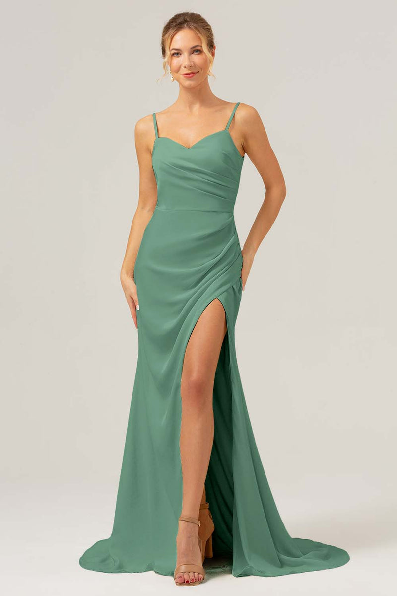 Load image into Gallery viewer, Ivory Sheath Spaghetti Straps Ruched Long Satin Bridesmaid Dress With Slit