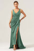 Load image into Gallery viewer, Dark Green Sheath V Neck Ruched High-Low Bridesmaid Dress with Slit