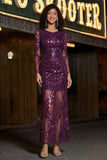 Sparkly Purple Sheath Long Sleeves Prom Dress with Sequins